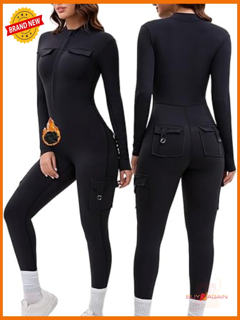 Fleece Lined Long Sleeve Cargo Zip Up Jumpsuit With Pockets Thermal Tummy